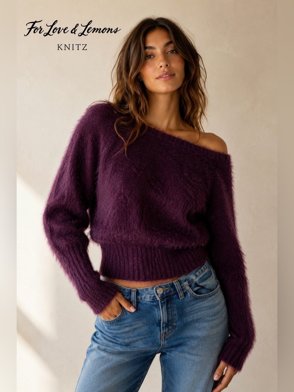 For Love & Lemons Lou Slouchy Sweater Revolve S Purple Fuzzy Eyelash Knit NWT B6